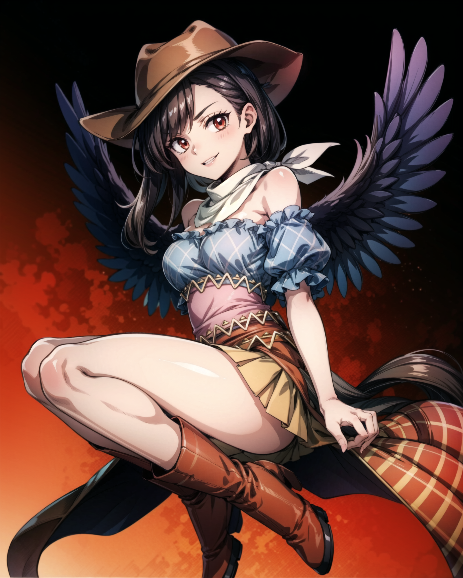 01917-4074237459-, full body, solo, 1girl, kurokoma saki, smile, looking at viewer, cowboy hat, cowboy boots, brown footwear, horse_tail, thighs,.png